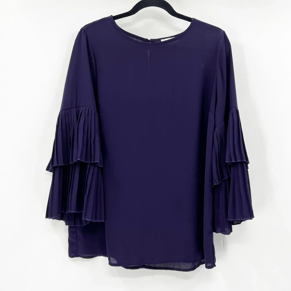 Carmen Marc Valvo Purple Pleated Tiered Bell Sleeve Blouse Top M RN93178 - Picture 1 of 3